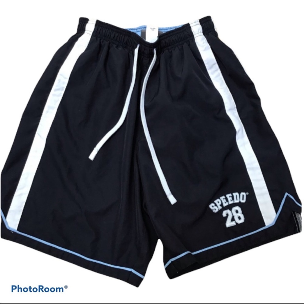 Speedo 28 Navy Blue White Stripe Drawstring Waist Bathing Trunks Athletic Shorts